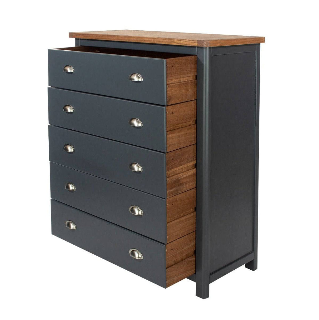 Dunkeld - 5 drawer chest in midnight Blue with natural lacquer wood top - Price Crash Furniture