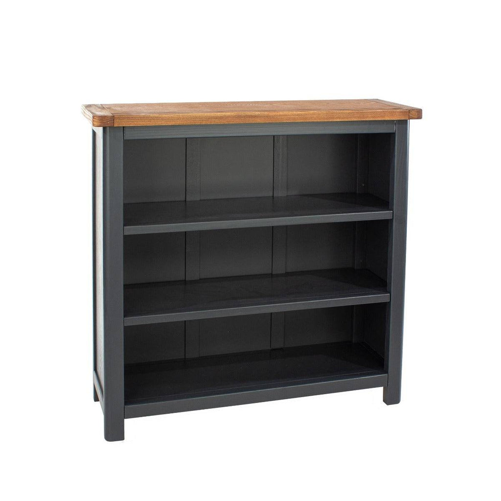 Dunkeld - low bookcase in midnight Blue with natural lacquer wood top - Price Crash Furniture