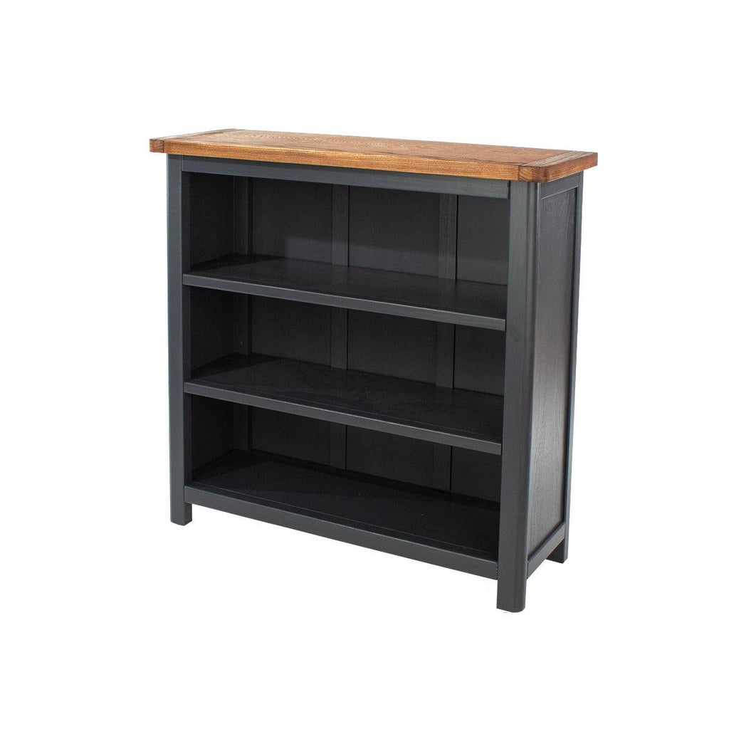 Dunkeld - low bookcase in midnight Blue with natural lacquer wood top - Price Crash Furniture