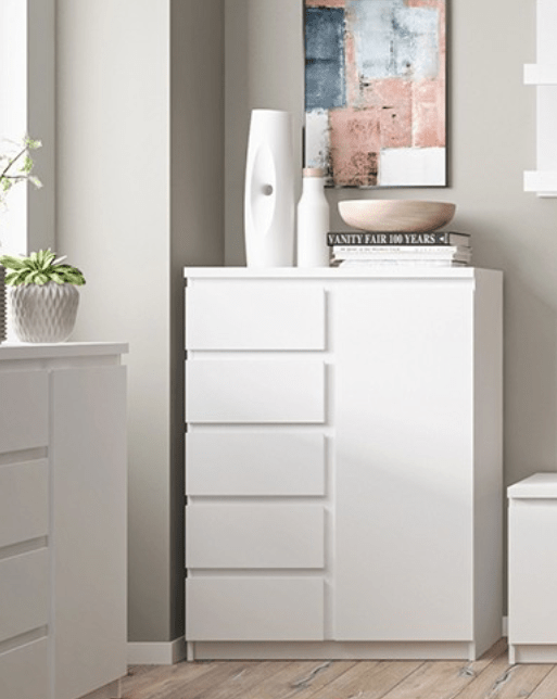 Fribo 1 Door 5 Drawer Chest of Drawers Cabinet Storage Unit in Alpine White - Price Crash Furniture