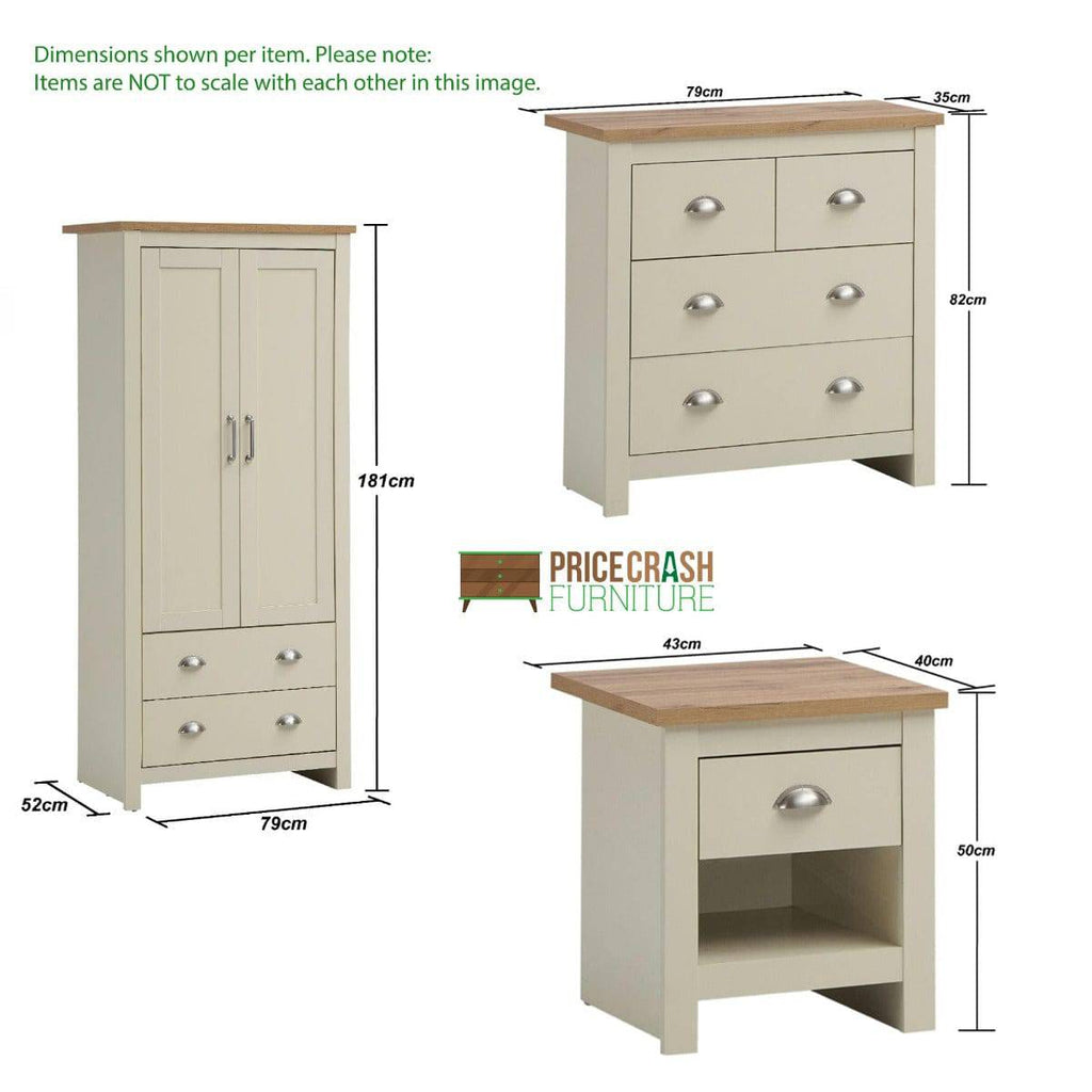 Lisbon 3 Piece Bedroom Set: 2 door wardrobe + 4 drawer chest of drawers + 1 drawer bedside table - Price Crash Furniture