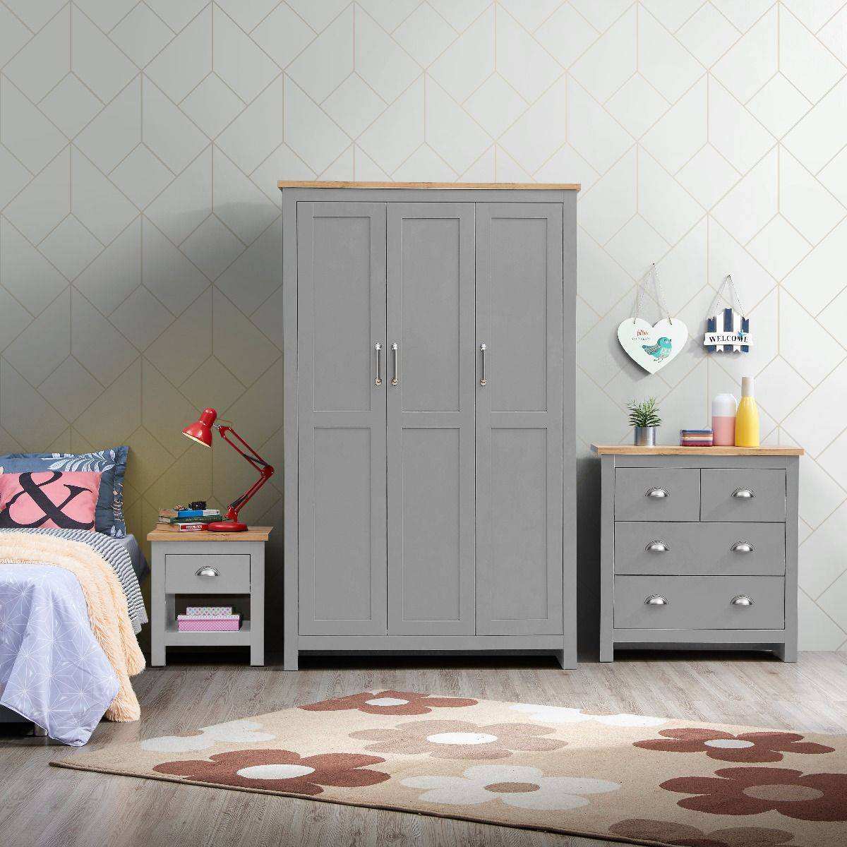 Lisbon 3 Piece Bedroom Set 3 door wardrobe 4 drawer chest 1 drawer bedside - Price Crash Furniture