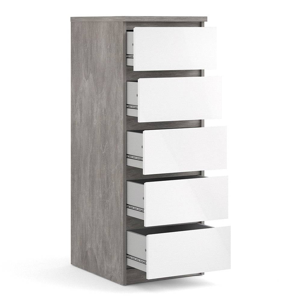 Naia Tall Narrow 5 Drawer Chest of Drawers / Tallboy in Concrete Grey and White High Gloss - Price Crash Furniture