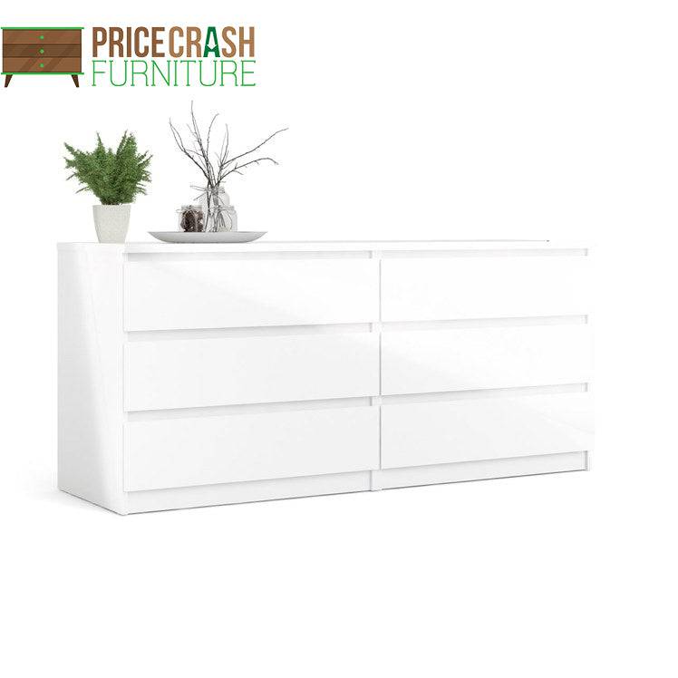 Naia Wide Chest Of 6 Drawers (3+3) in White High Gloss - Price Crash Furniture