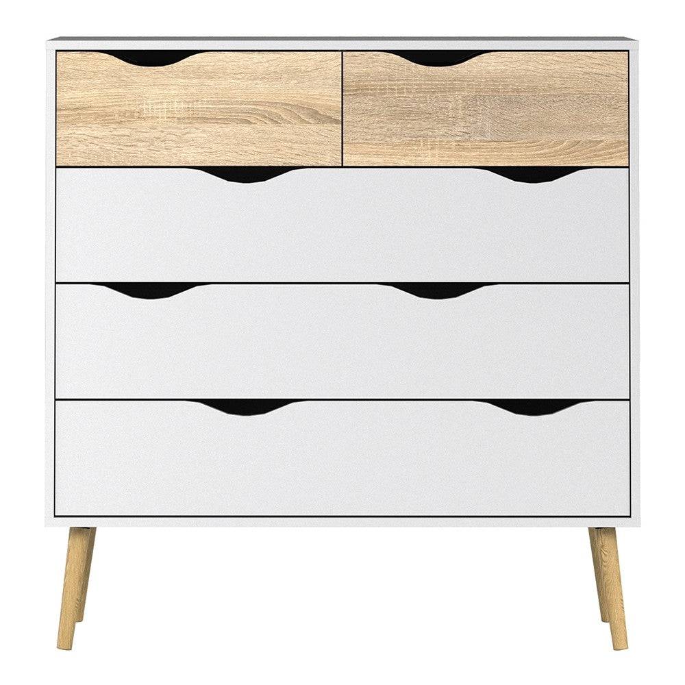 Oslo 5 Drawer Chest Of Drawers (2+3) in White and Oak - Price Crash Furniture