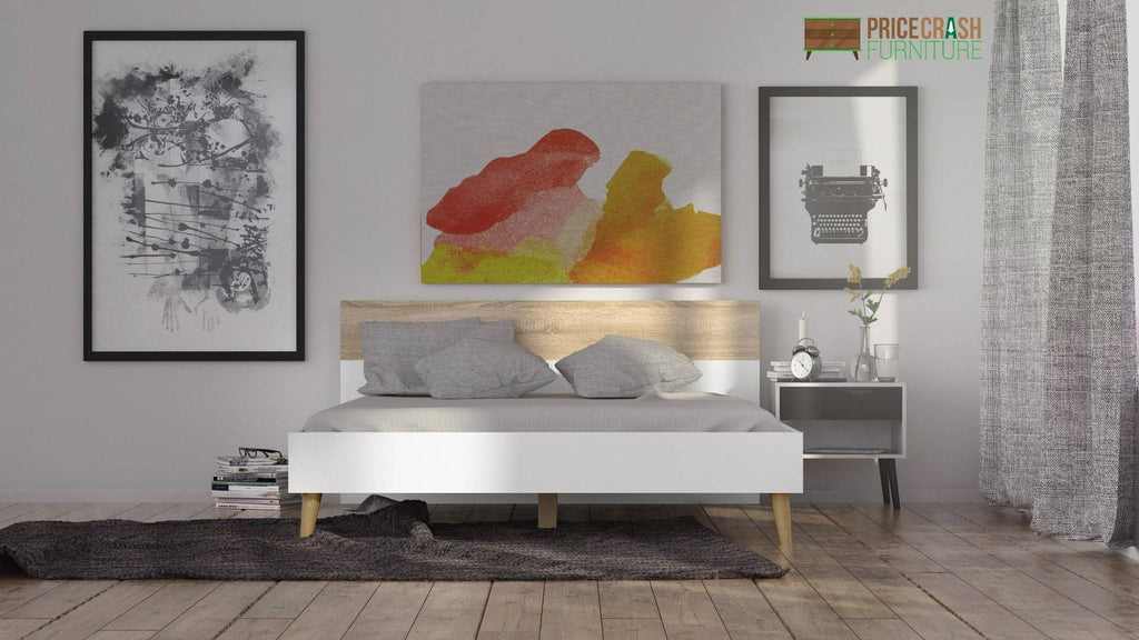 Oslo Euro King Bed (160 x 200) in White and Oak - Price Crash Furniture