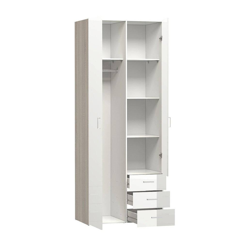 Space Wardrobe - 2 Doors 3 Drawers In Oak With White High Gloss - Price Crash Furniture