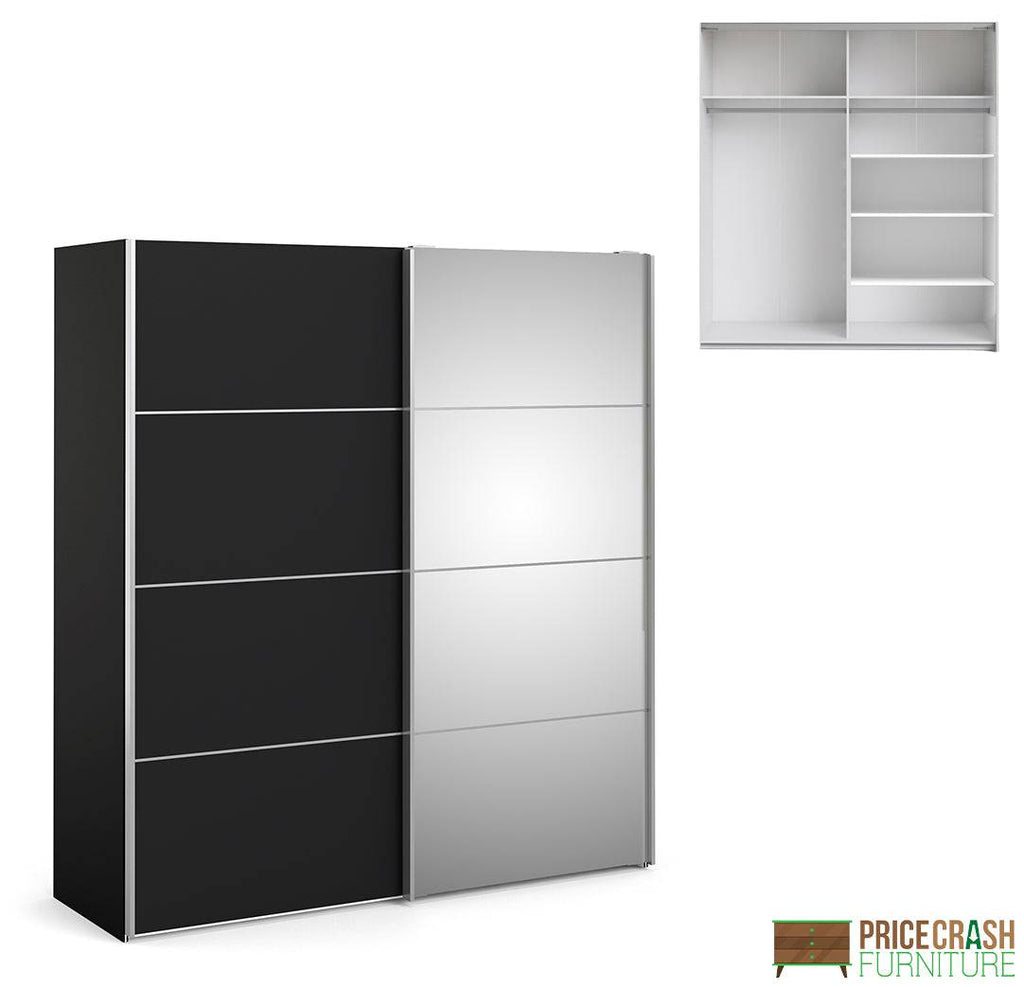 Verona Sliding Wardrobe 180cm in Black Matte with Black Matt and Mirror Doors with 5 Shelves - Price Crash Furniture