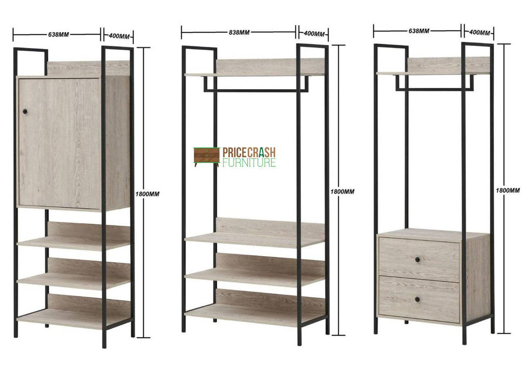 Zahra bedroom set: 3 piece open wardrobe set in ash oak effect by TAD - Price Crash Furniture