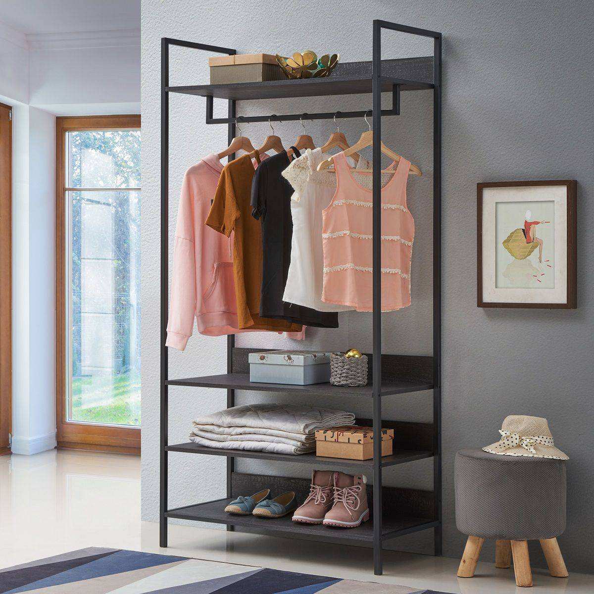 Zahra open wardrobe (wide) with 4 shelves in black wood effect by TAD