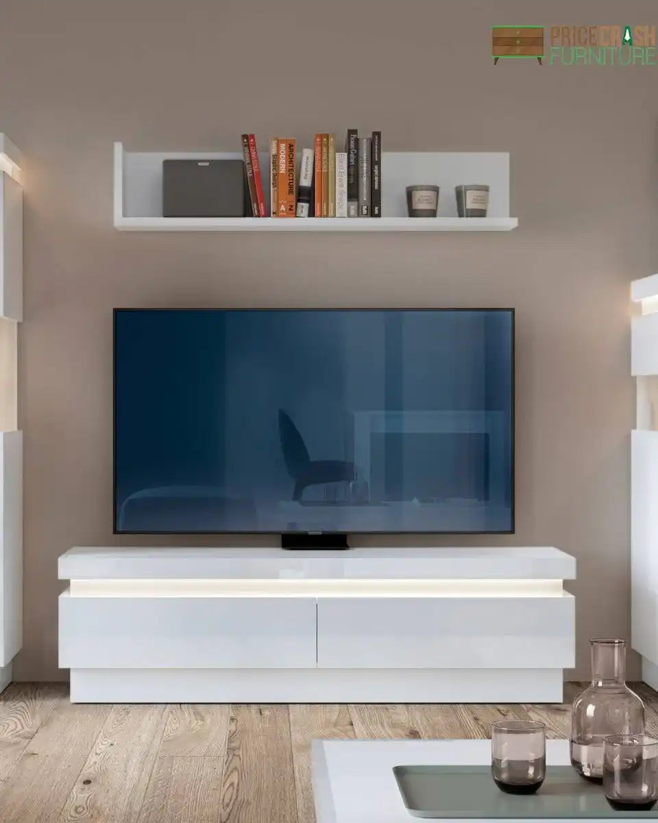 Lyon 2 Drawer TV Cabinet inc LED lighting & High Gloss White - Price Crash Furniture