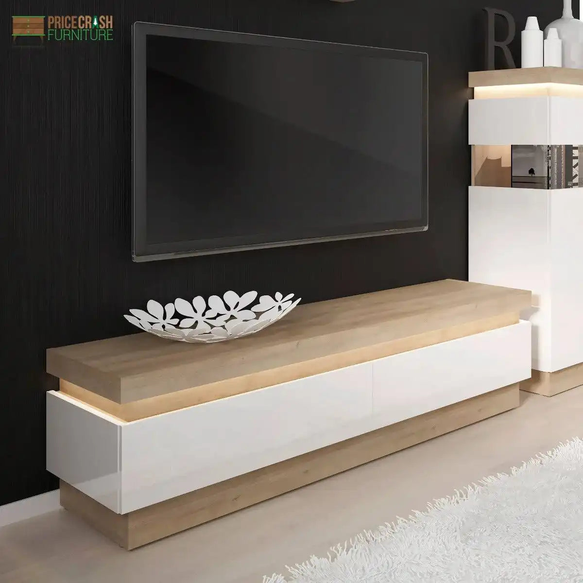 Lyon 2 Drawer TV Cabinet inc LED Lighting - Riviera Oak/White Gloss - Price Crash Furniture