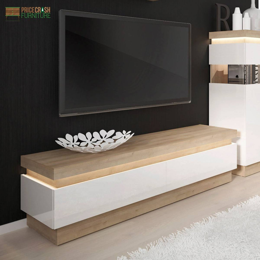 Lyon 2 Drawer TV Cabinet (Including LED Lighting) In Riviera Oak/White High Gloss - Price Crash Furniture