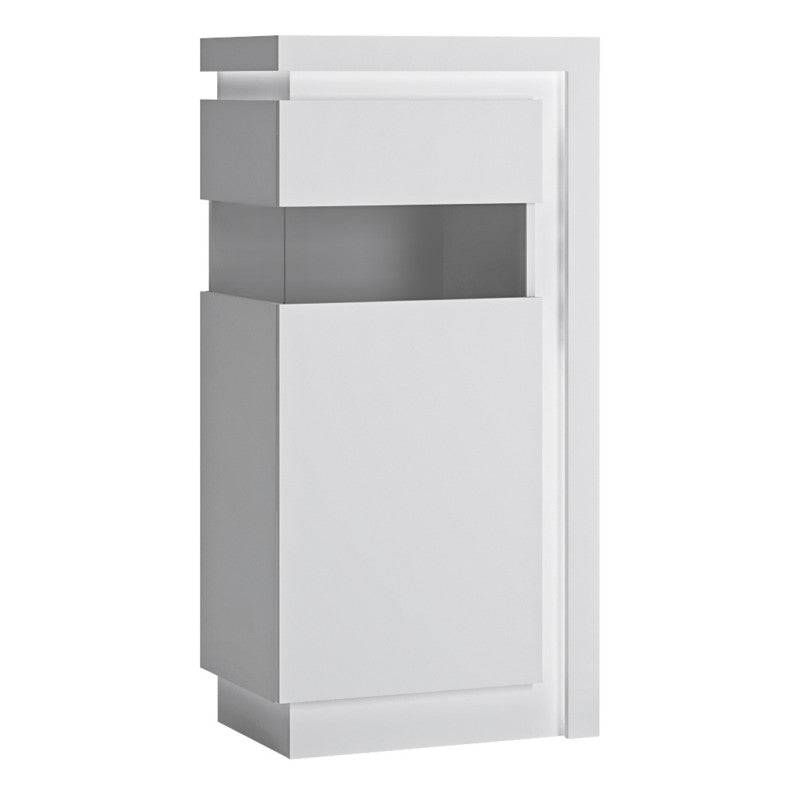 Lyon Narrow Display Cabinet (LHD) 123.6cm High (including LED lighting) In White And High Gloss - Price Crash Furniture