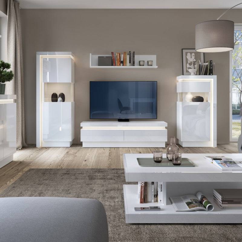Lyon Narrow Display Cabinet (LHD) 123.6cm High (including LED lighting) In White And High Gloss - Price Crash Furniture