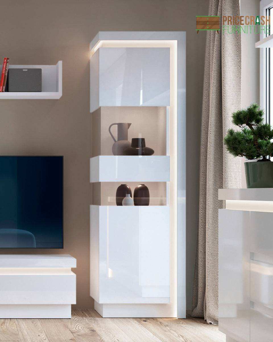Lyon Narrow Display Cabinet (RHD) 164.1cm inc LED lighting in White High Gloss - Price Crash Furniture