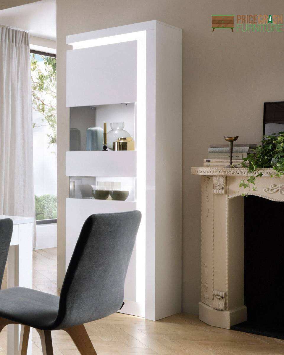 Lyon Narrow Display Cabinet (RHD) 164.1cm inc LED lighting in White High Gloss - Price Crash Furniture
