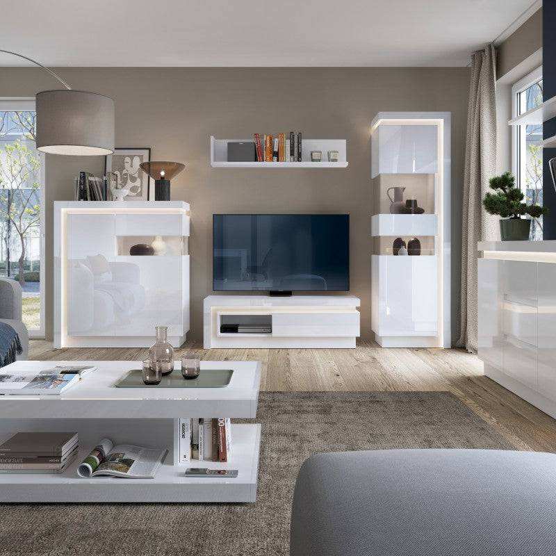 Lyon Narrow Display Cabinet (RHD) 164.1cm inc LED lighting in White High Gloss - Price Crash Furniture