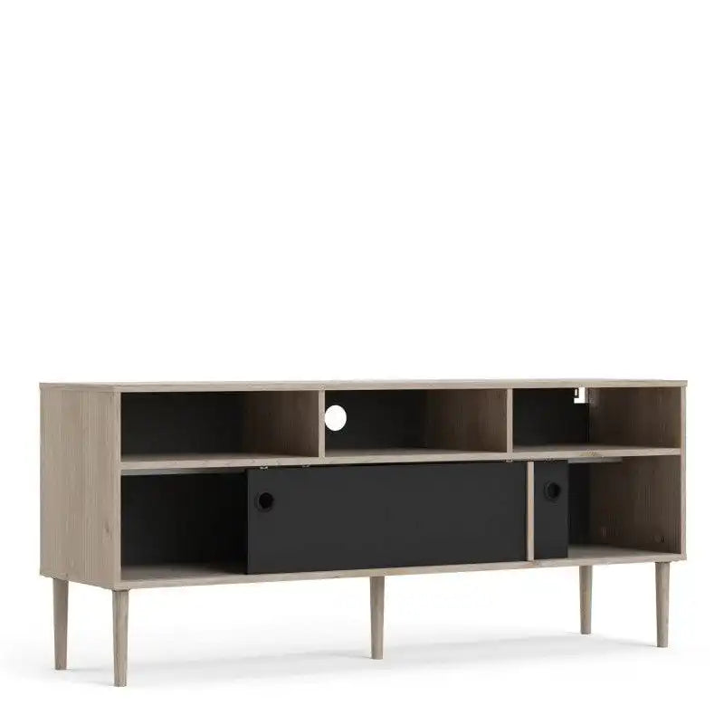 Rome TV Unit 2 Sliding Doors in Jackson Hickory Oak with Matt Black - Price Crash Furniture