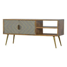 Sleek Cement Grey Open Nordic Style Media Unit with 2 Brass Inlay Doors - Price Crash Furniture