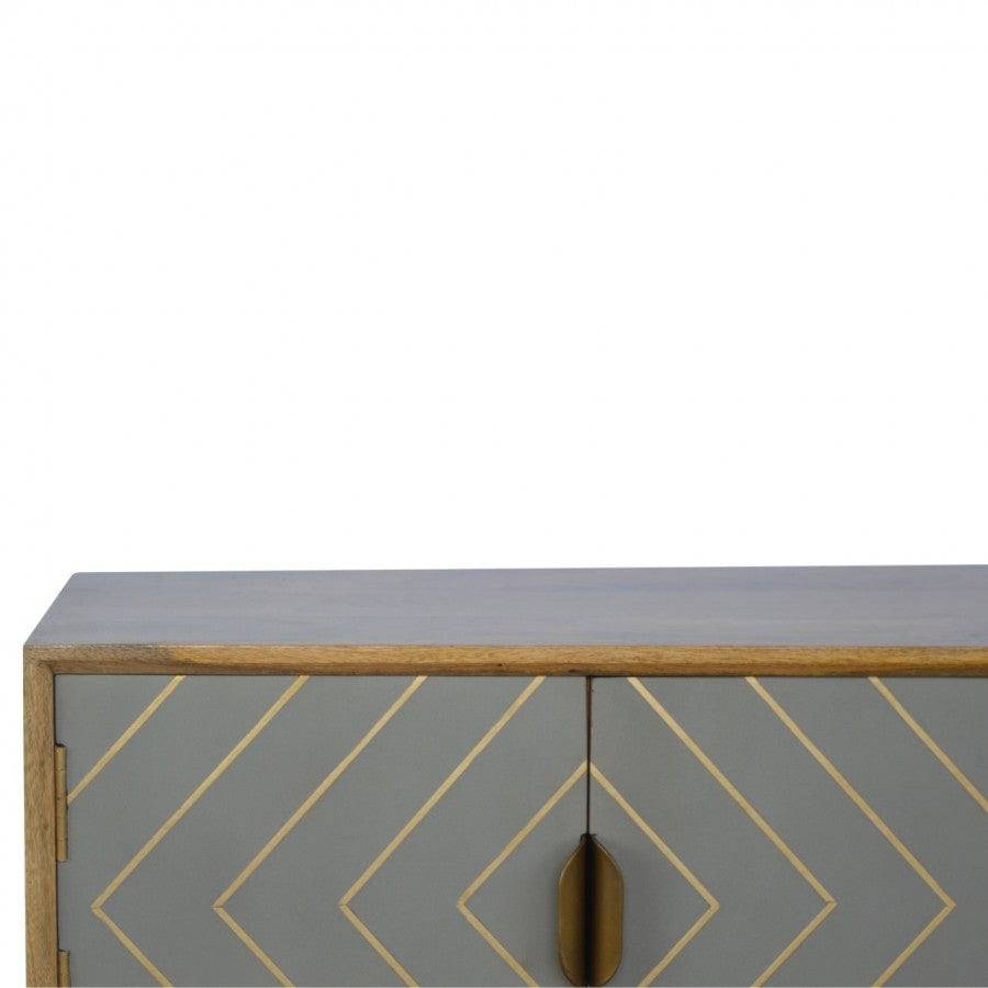 Sleek Cement Grey Open Nordic Style Media Unit with 2 Brass Inlay Doors - Price Crash Furniture