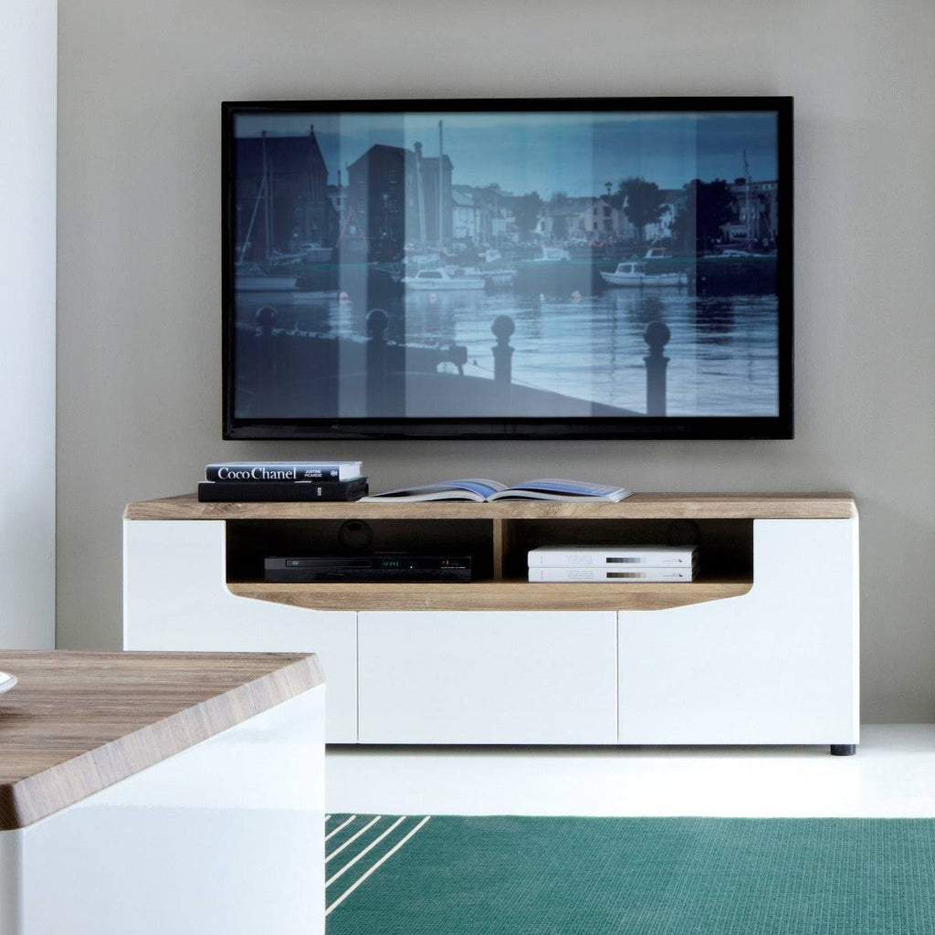 Toledo 2 Door 1 Drawer TV Unit In Gloss White & Oak Up To 65" TVs - Price Crash Furniture