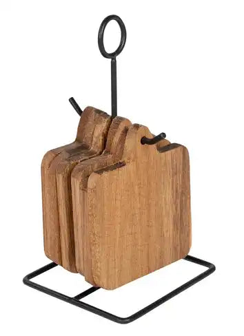 Acacia Coasters With a Black Metal Stand, Set Of 6 - Price Crash Furniture