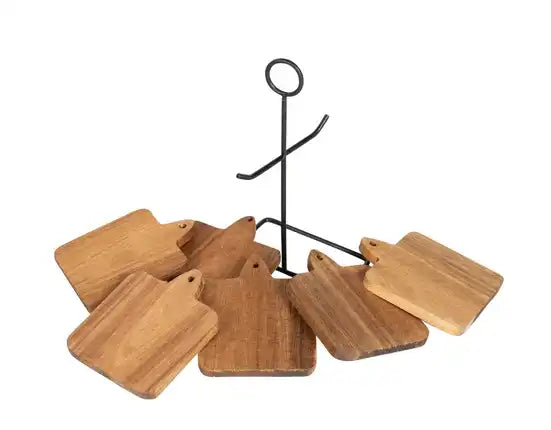 Acacia Coasters With a Black Metal Stand, Set Of 6 - Price Crash Furniture