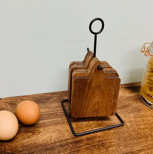 Acacia Coasters With a Black Metal Stand, Set Of 6 - Price Crash Furniture