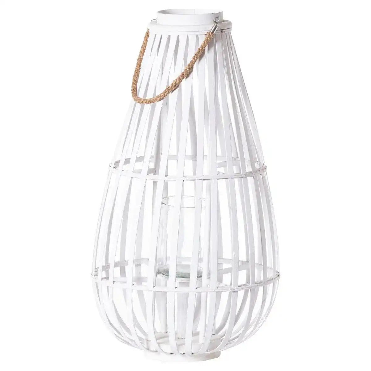 Large White Floor Standing Domed Wicker Lantern With Rope - Price Crash Furniture