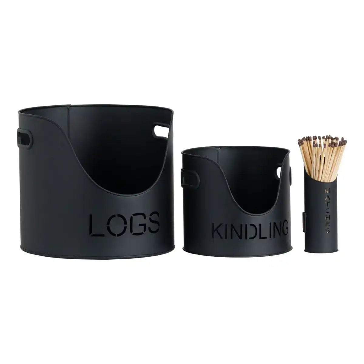 Black Finish Logs And Kindling Buckets & Matchstick Holder - Price Crash Furniture