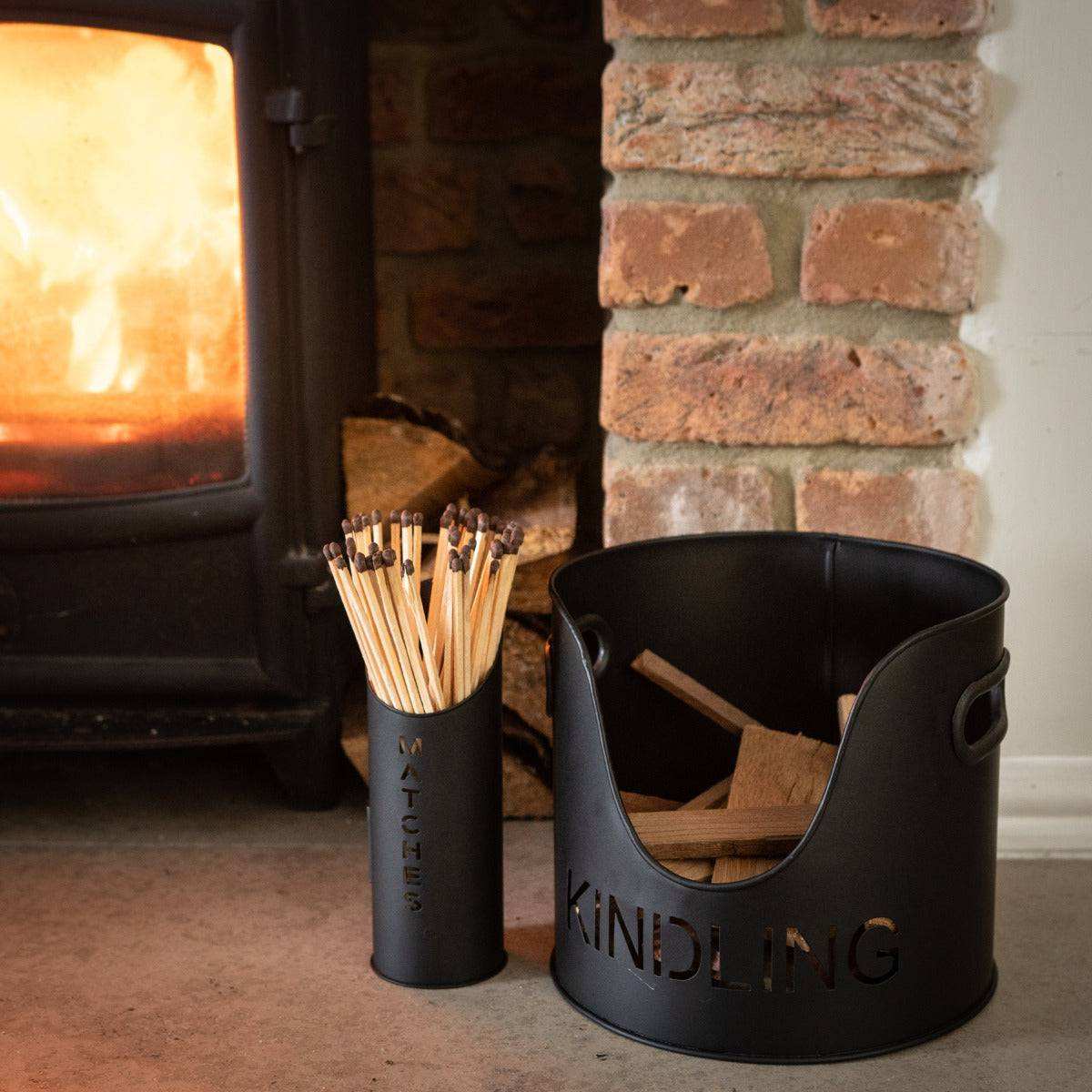Black Finish Logs And Kindling Buckets & Matchstick Holder - Price Crash Furniture