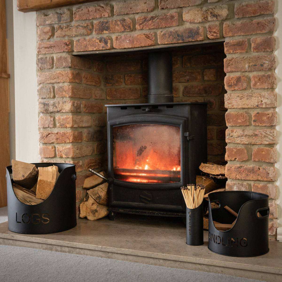 Black Finish Logs And Kindling Buckets & Matchstick Holder - Price Crash Furniture