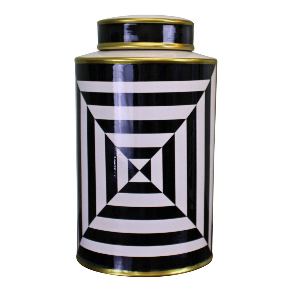Black/White/Gold Ceramic Lidded Vase, Geometric Design 29cm - Price Crash Furniture