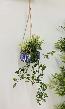 Blue Ceramic Hanging Pot with Plants - Price Crash Furniture