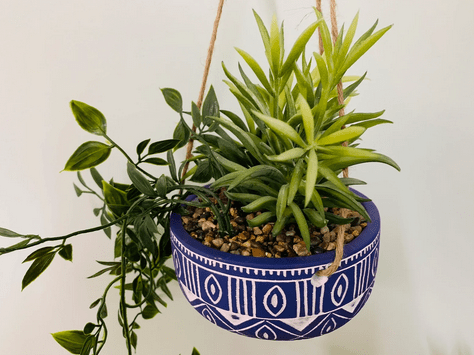 Blue Ceramic Hanging Pot with Plants - Price Crash Furniture