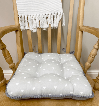 Fabric Seat Pad With Ties In Grey Heart Print Design - Price Crash Furniture