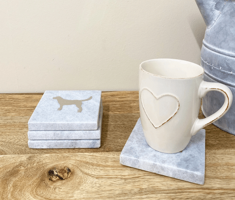Four Square White Marble Coasters With Gold Dog Design - Price Crash Furniture