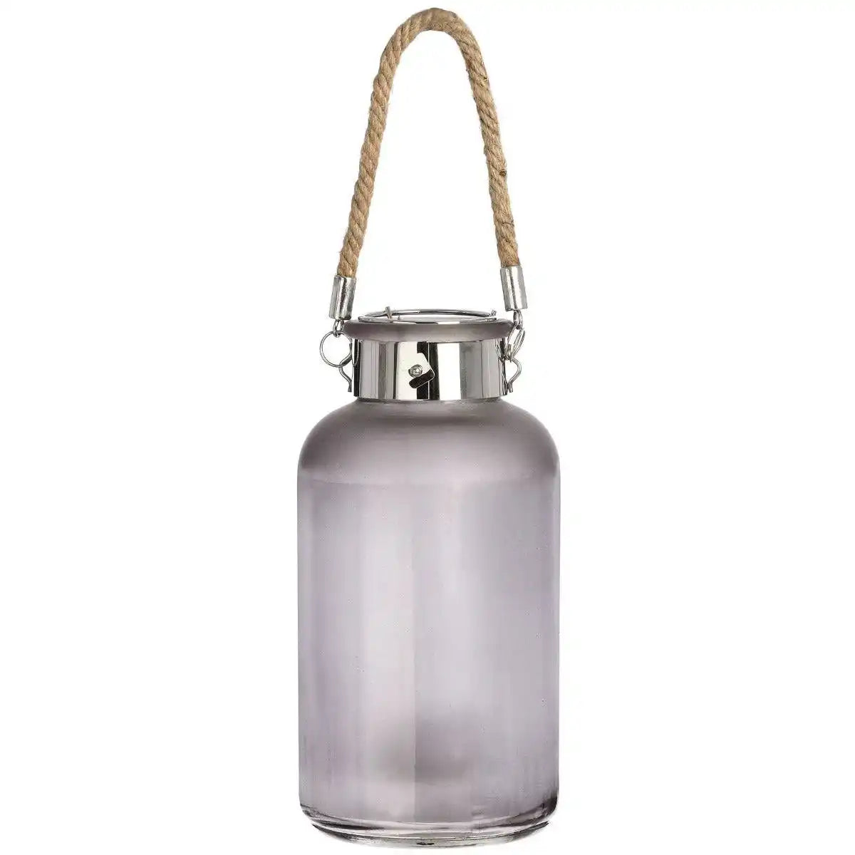 Frosted Grey Glass Lantern With Rope Detail And LED - Price Crash Furniture