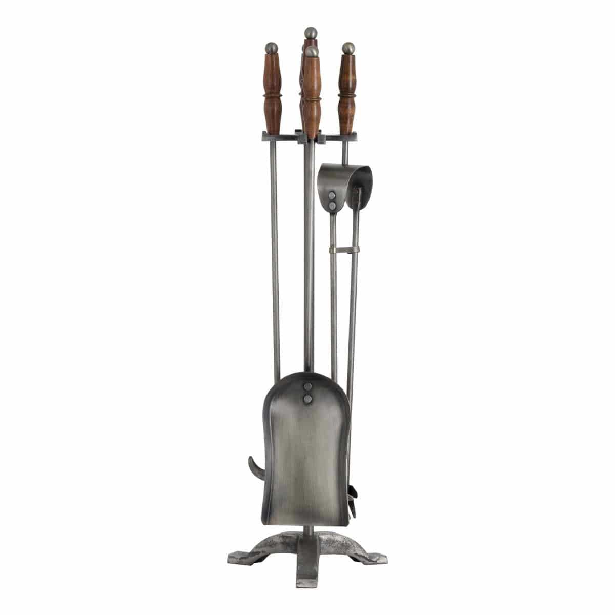 Hand Turned Fire Companion Set In Antique Pewter With Wooden Handles - Price Crash Furniture