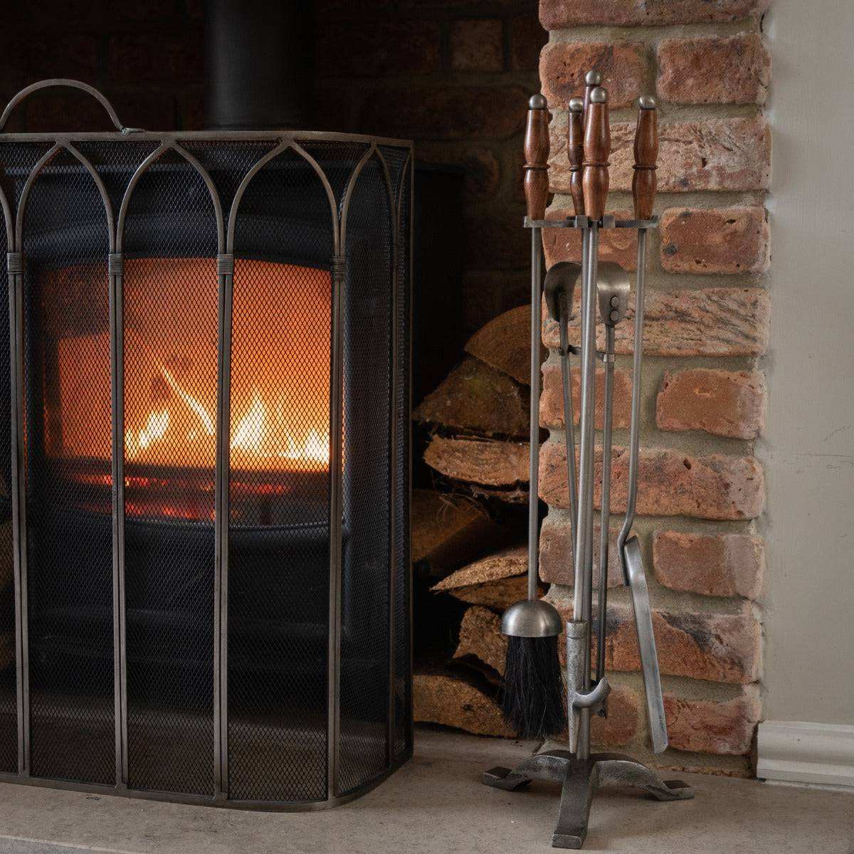 Hand Turned Fire Companion Set In Antique Pewter With Wooden Handles - Price Crash Furniture