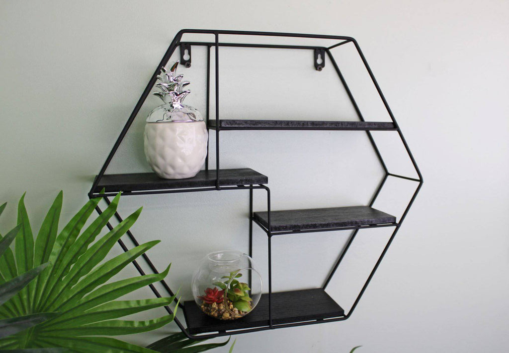 Hexagonal Wire Wall Shelf in Black Metal with 4 Shelves - Price Crash Furniture