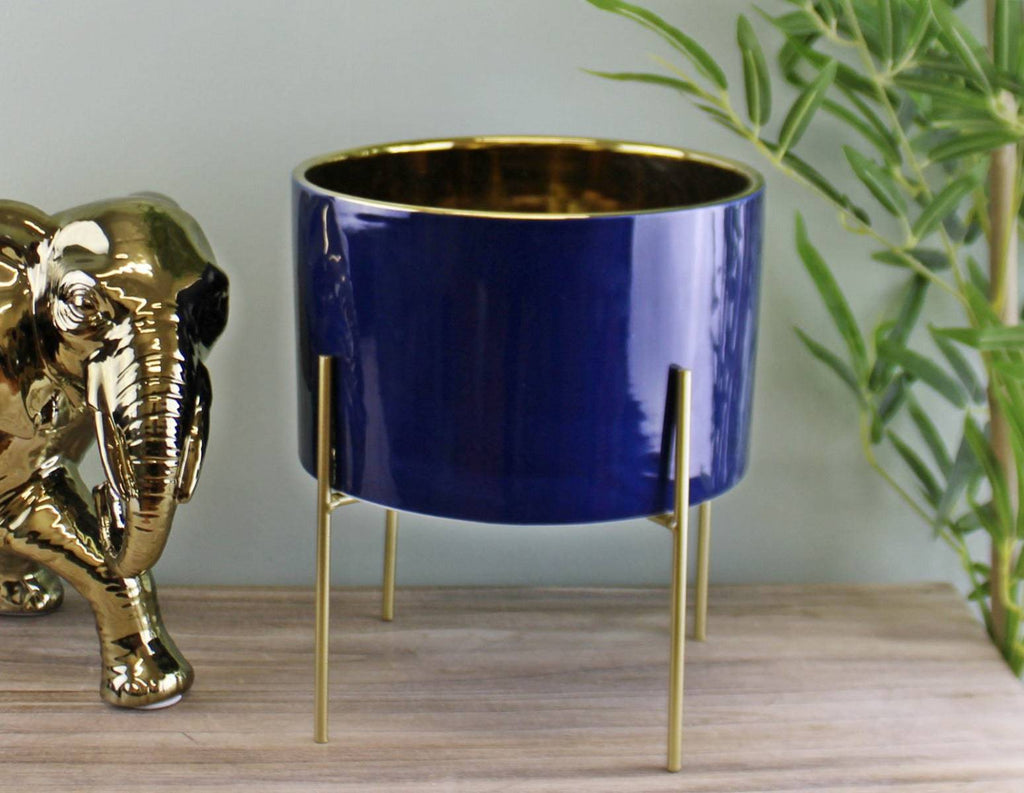 Large Ceramic Gold Lined Planter With Stand, Navy Blue - Price Crash Furniture
