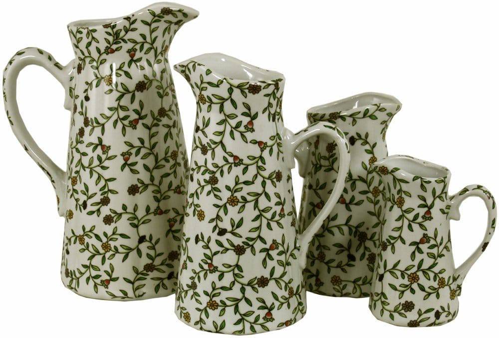Set of 4 Ceramic Jugs, Vintage Green & White Floral Design - Price Crash Furniture