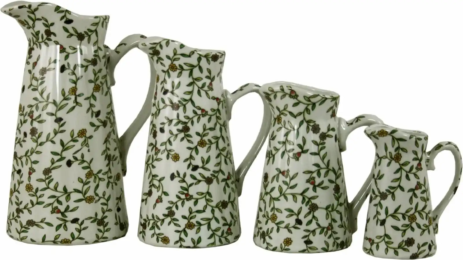 Set of 4 Ceramic Jugs, Vintage Green & White Floral Design - Price Crash Furniture