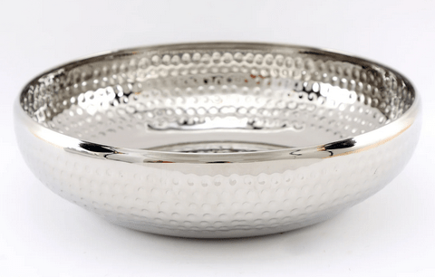 Silver Metal Shallow Bowl With Hammered Detail Large - Price Crash Furniture