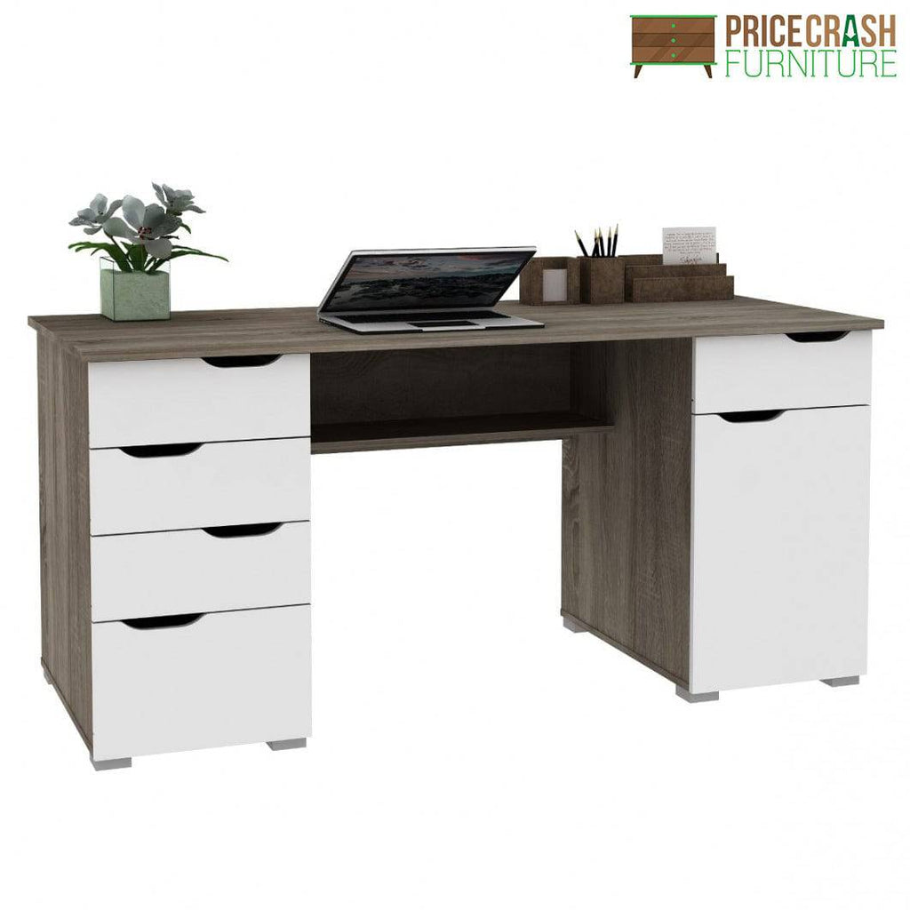 Alphason Kentucky Home Office Desk in Dark Oak & Gloss White - Price Crash Furniture