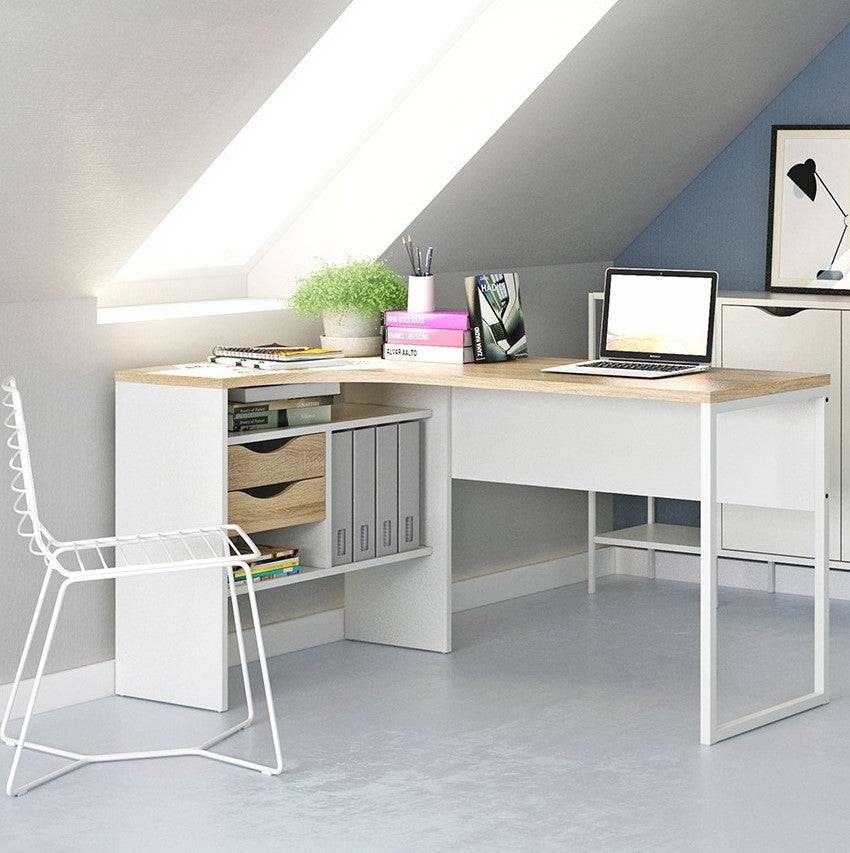Function Plus Corner Desk 2 Drawers in White and Oak - Price Crash Furniture