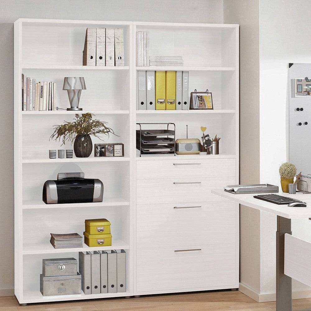 Prima Bookcase 3 Shelves with 2 Drawers + 2 File Drawers in White - Price Crash Furniture