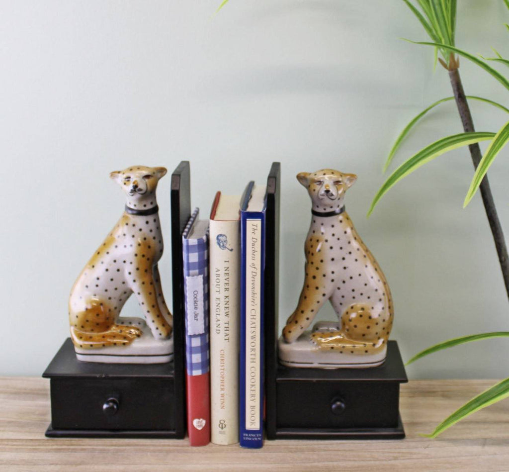 Set of 2 Ceramic Crackle Glaze Leopard Bookends - Price Crash Furniture